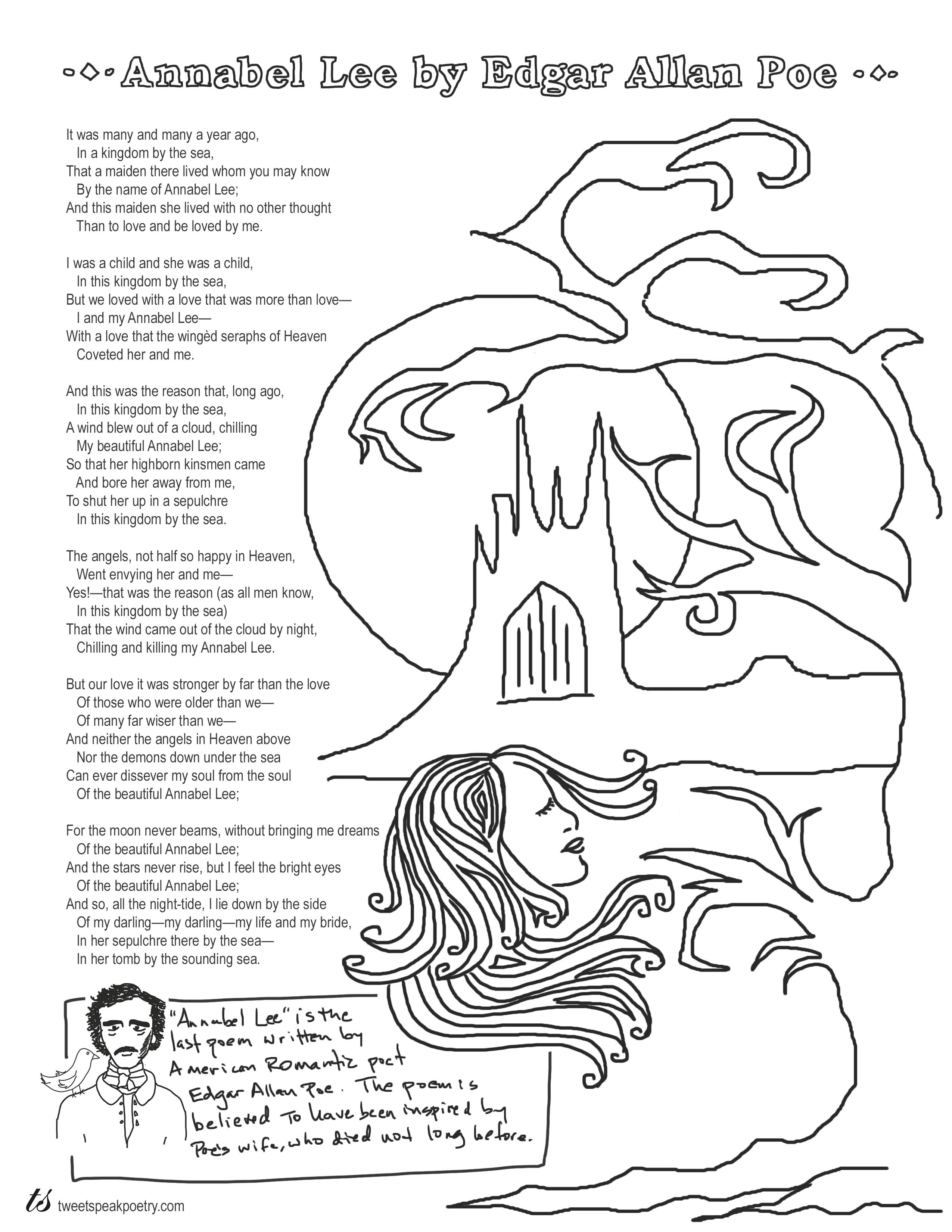 Annabel Lee by Edgar Allan Poe Coloring Page Poems - Tweetspeak Poetry