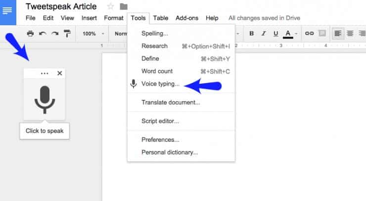 Google Drive Doc showing Voice typing tool - Productivity Apps for Busy Writers - Tweetspeak Poets and Writers Toolkit