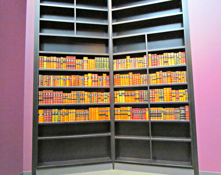 Partially empty bookcase at Holocaust Memorial Center