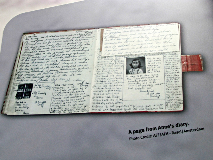 Photo of Anne Frank's open diary at Holocaust Memorial Center