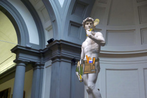 Statue of David with Wisława Szymborska and William Wordsworth for Take Your Poet to Work Day
