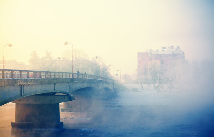 Serbia Bridge in city in fog