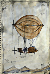 steampunk by patrick verstappen. Drawing of an airship flying.