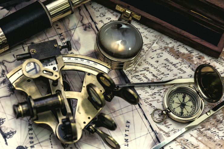 steampunk by robert björkén. nautical instruments on map