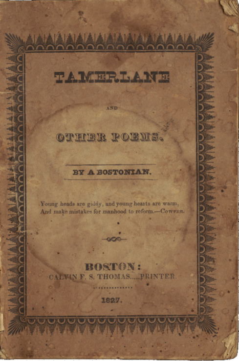 weathered cover of poe collection of poems including tamerlane