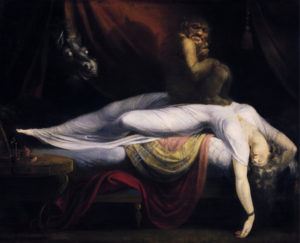 woman falling off bed with a ghoul perched on the bed
