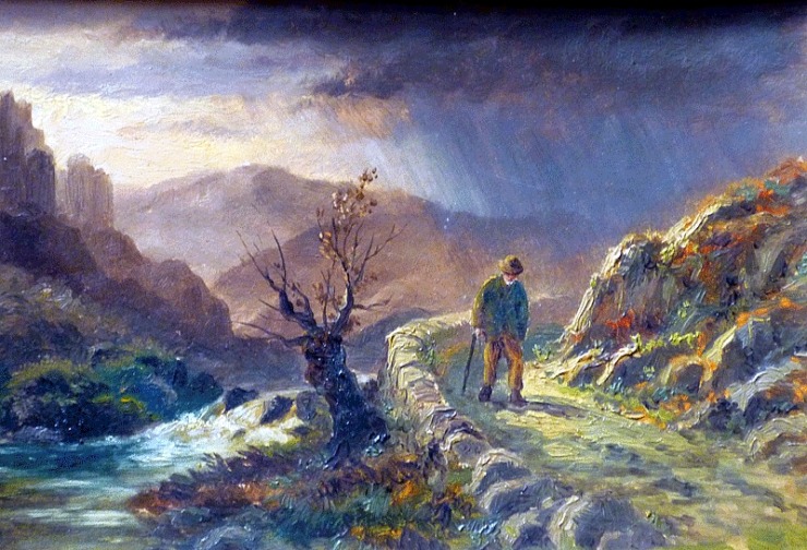 painting of a man walking alone in nature for tamerland by poe