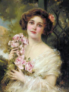a blushing woman holding roses