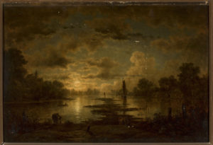 moonlight shines on a lake while a cow takes a drink a sailboat is seen in the distance