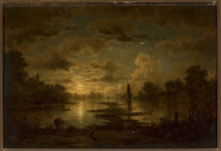 moonlight shines on a lake while a cow takes a drink a sailboat is seen in the distance to illustrate the lake edgar allan poe