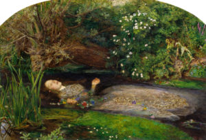 painting of ophelia laying in the water with flowers around her
