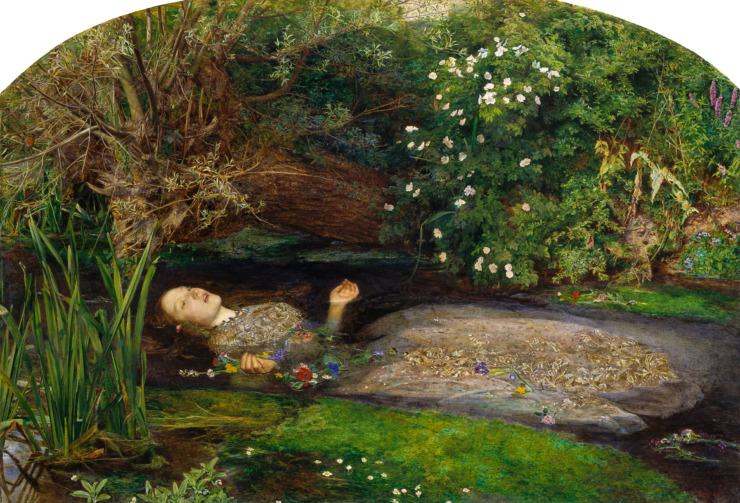 painting of ophelia laying in the water with flowers around her to illustrate to the river edgar allan poe