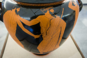 a red-figure Greek vase painting depicting Harmodius and Aristogeiton murdering Hipparchus