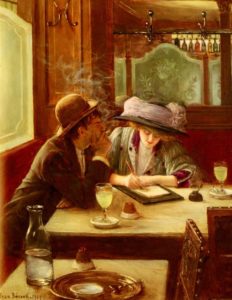 two people sit in a cafe in Paris the woman is writing something while the man sits with his arms crossed, smoking a cigarette and looks at her