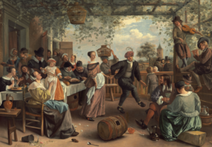 many gather in a courtyard, some sitting around a table , others playing instruments while they watch a couple dance in the middle