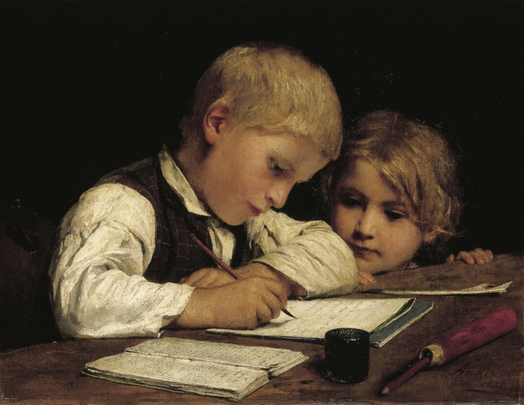 a boy and his sister sit while he writes with an ink pen 