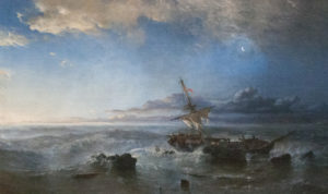 the light of dawn shines upon a shipwreck in calmer waters