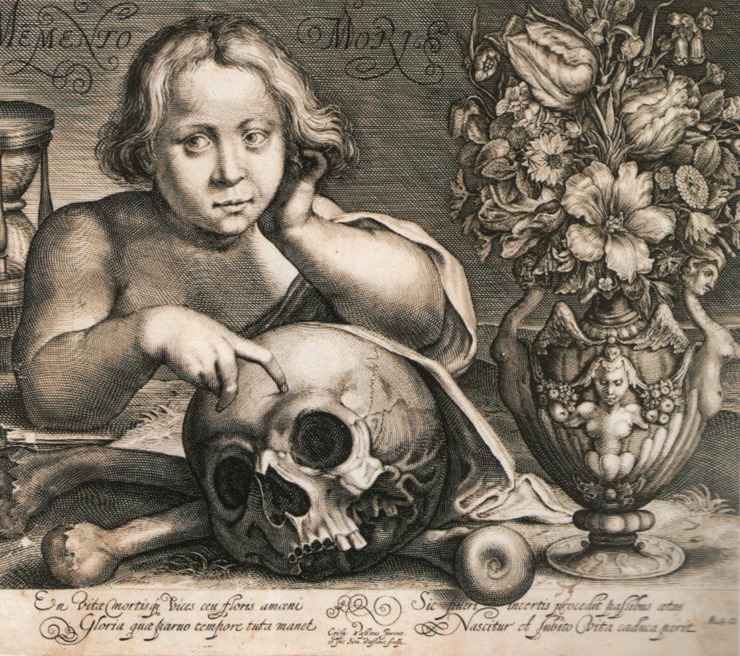 a young boy sits and touches a skull with the phrase memento mori written on etching 