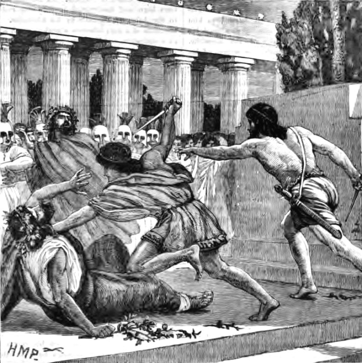 drawing of the assassination with on lookers and people caught in the middle