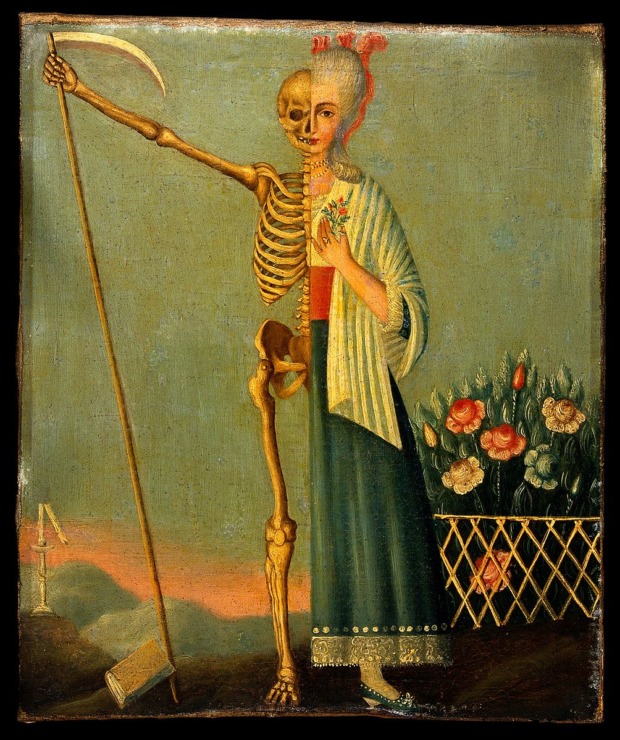 a painting of half woman holding flowers, half skeleton that hold sickle