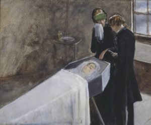 a woman lies in a casket while two mourners stand over her