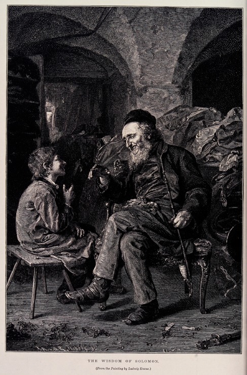 engraving of conversation between older man and younger child