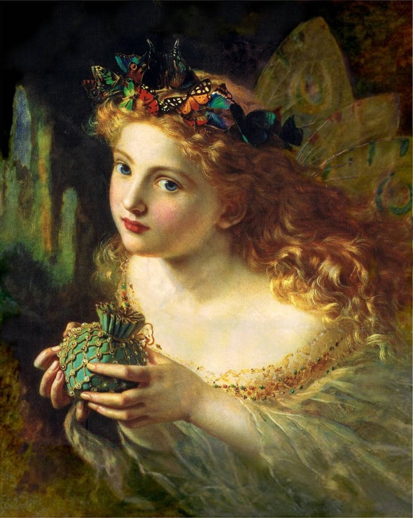 fairy with butterfly crown and red-blond hair holding a parcel with pearls