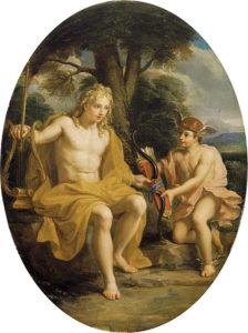 blond headed apollo and mercury sit in a forrest