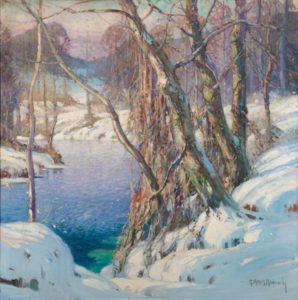 winter scene near the river with snow around trees