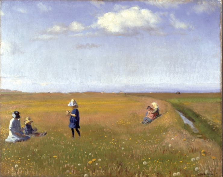 children play in a field of flowers 