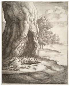 drawing of ants and grasshopper in front of tree