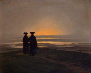 two figures watch as the sun dips below the horizon, a bleakness overcomes