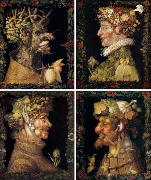 four different depictions of a man made of vegetables and fruits and other natural elements 