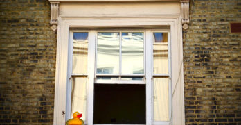 rubber duck on window sill