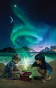 children play on a beach and open a box that releases the northern lights into the sky