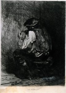 a man with his back turned slouches over to smoke his pipe.
