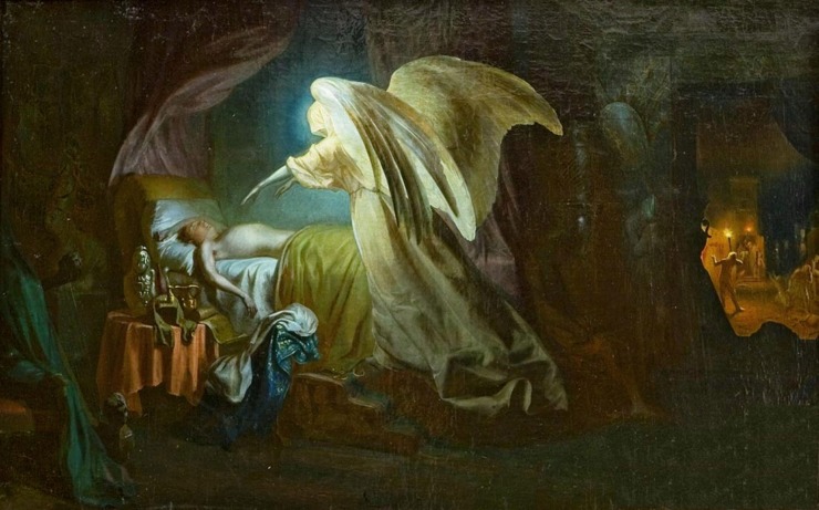 a person sleeping in a bed lays under the angel of death seemingly sucking their soul away. 