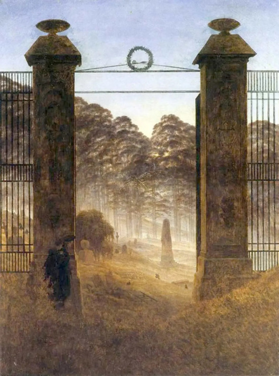 a graveyard sits beyond a tall gate and mist surrounds the ground