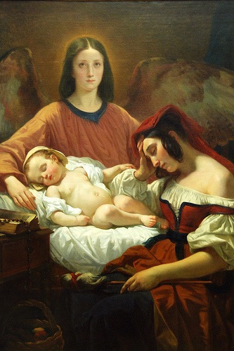 an angel watches over a baby and their mother