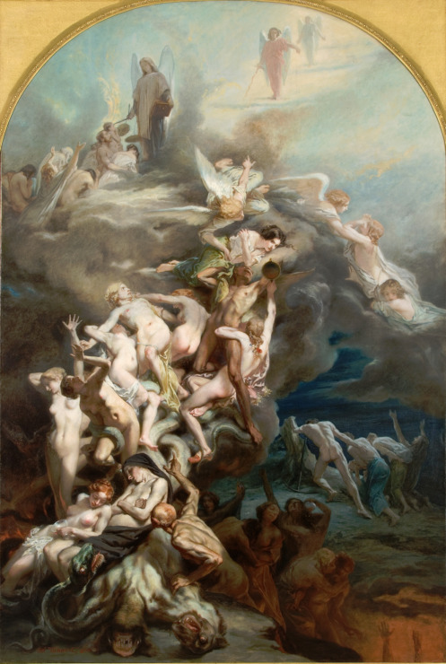 angels and demons battle showing heaven and hell at opposite ends (top and bottom) of the painting