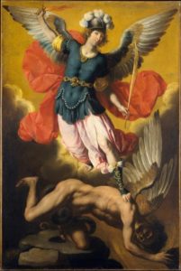 The angel Michael with winds expanded and holding a sword of fire is shown expelling Lucifer from Heaven