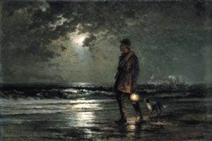 man holding a lantern walks by the sea at night with his dog and looks out towards the water