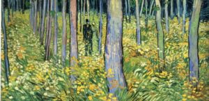 two figures walk under the shade of trees amongst yellow flowers