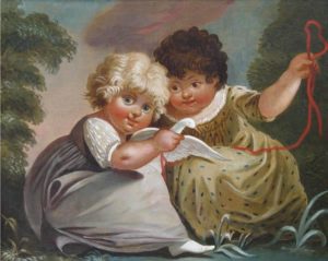 two children play with a white bird