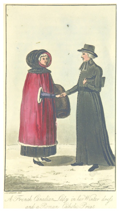 a lady in a fur coat and a roman catholic priest shake hands