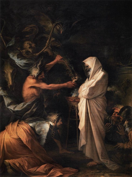 a man stands in a white cloak while others around his are tempting him and others are kneeling in fright
