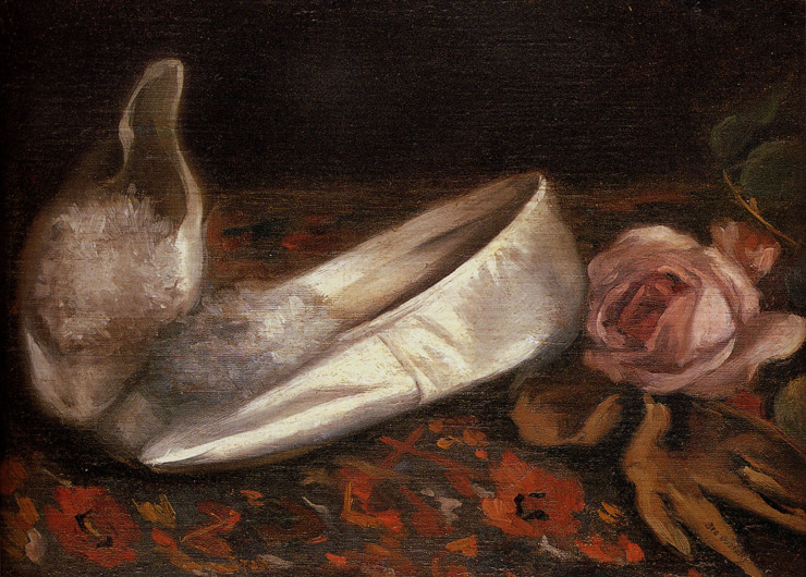 the painting shows two white satin slippers with puffs on the toes next to a pink rose