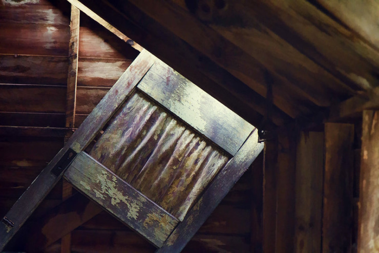 old wood door in attic