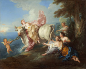 a young girl on a cow is driven away by a cupid while her family mourns