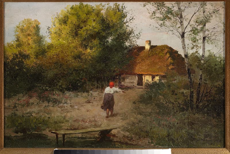 woman with a red scarf walks up to her cottage with a pail of water 